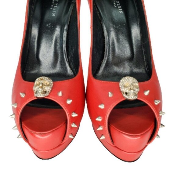 Philipp Plein Studded Skull Leather Peep Toe Pumps Heels - Picture 3 of 7